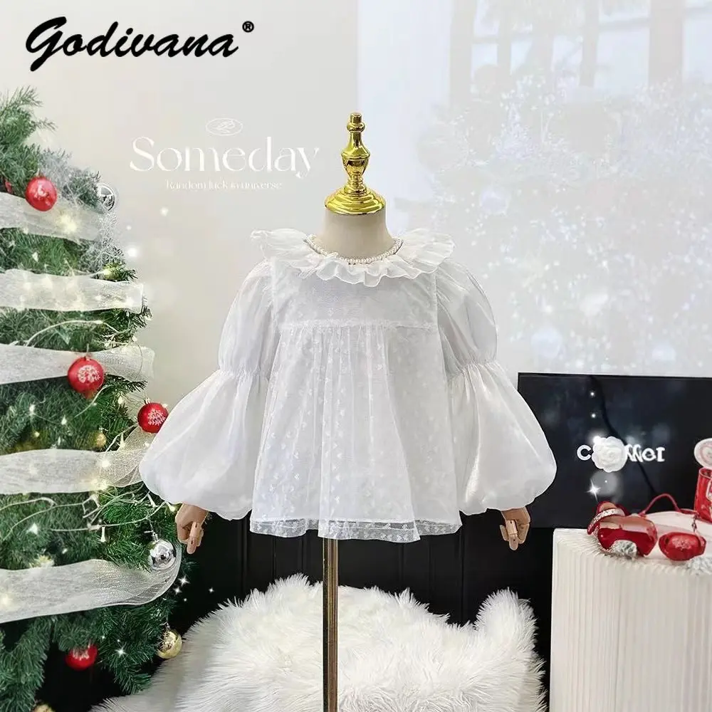 Sweet Baby Girl Winter Fleece Lined White Lolita Basic Top Kids Ruffle Trim Lace Neck Puff Sleeve Princess Pullover Layer Blouse
