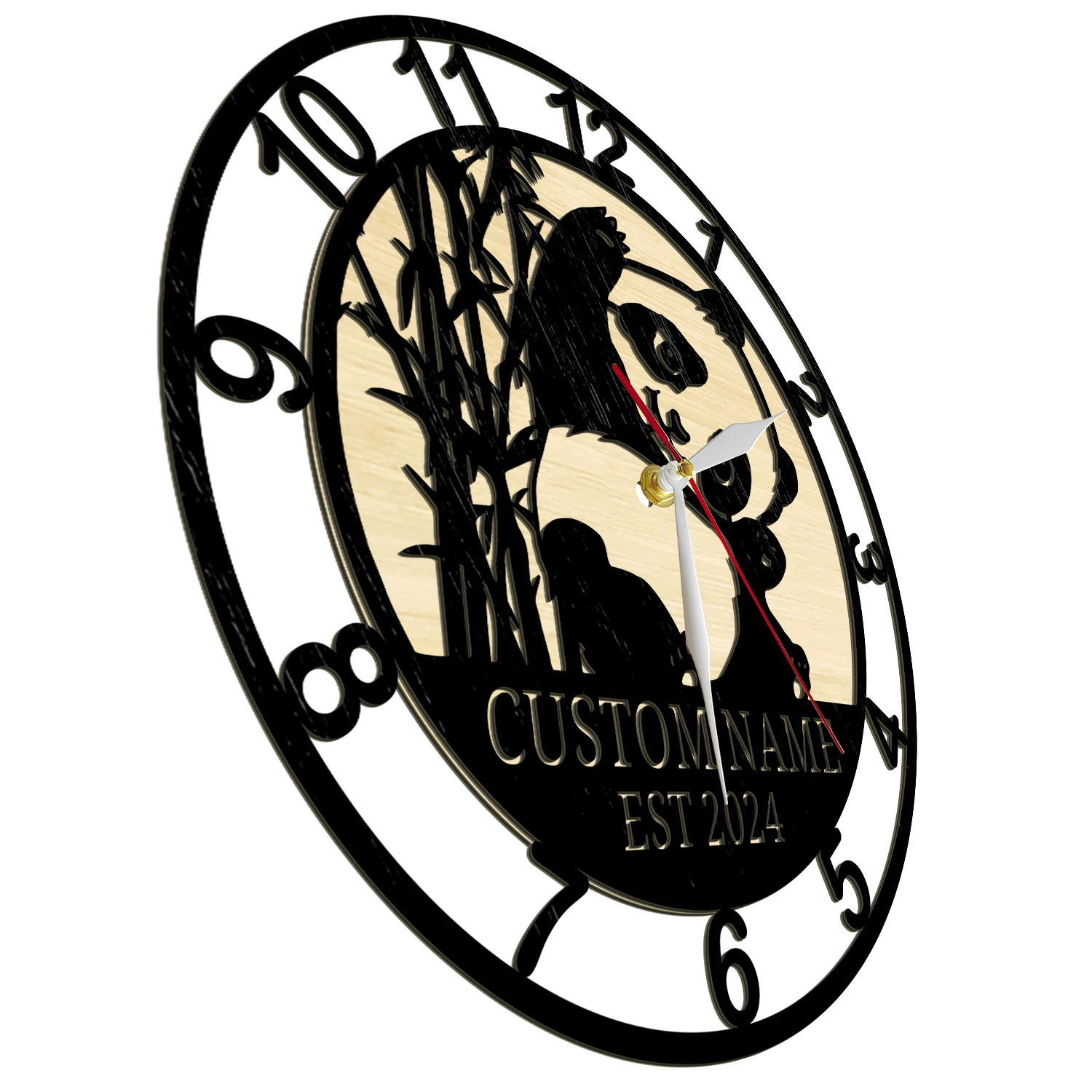 Personalized Name Panda Eco Friendly Natural Wood Clock for Kids Nursery Living Room Bear Panda Wildlife Home Decor Timber Clock