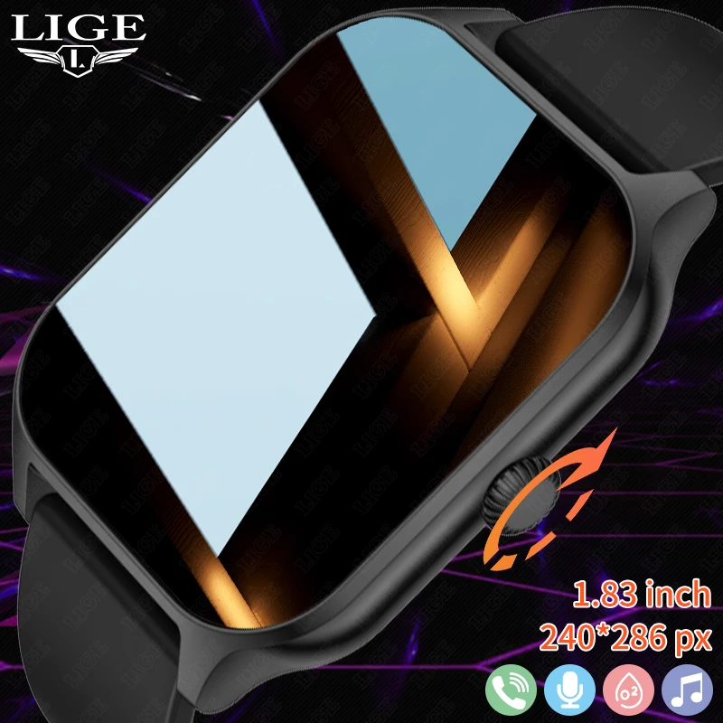 LIGE New 1.83 inch HD Screen Smart Watches Women Bluetooth Call Health Monitor Sports Waterproof Men Smartwatch Music Control