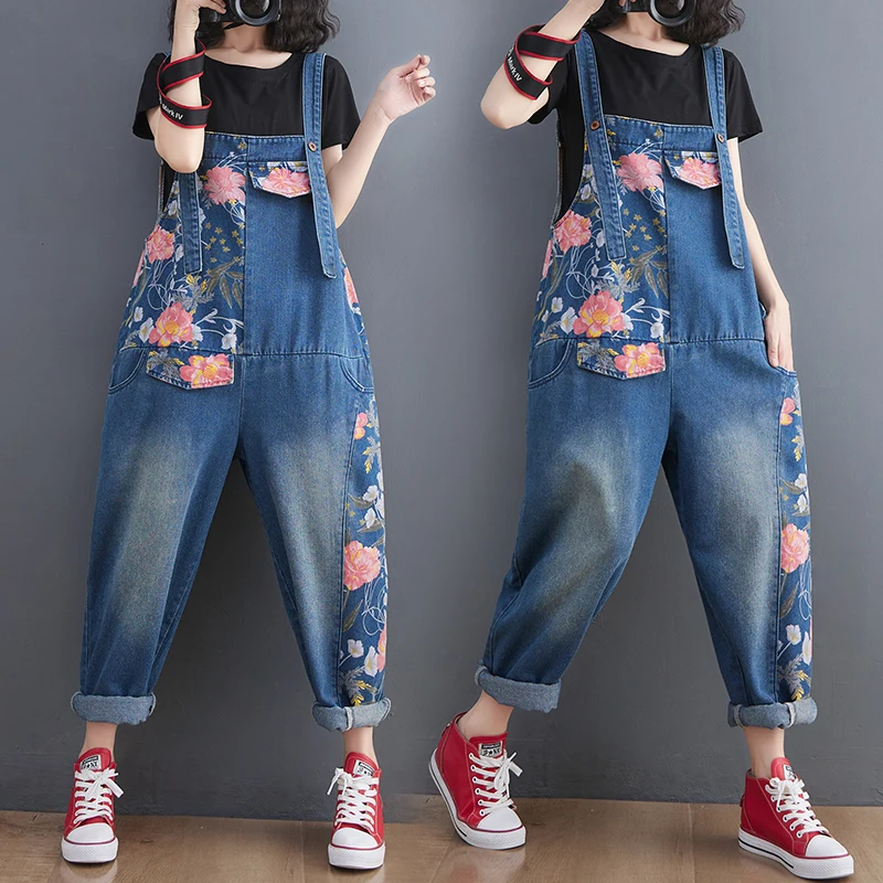 

High Waist Denim Overalls Women's Summer Fashion Print Splicing Loose Casual Personalized Overalls Trendy Deep Color