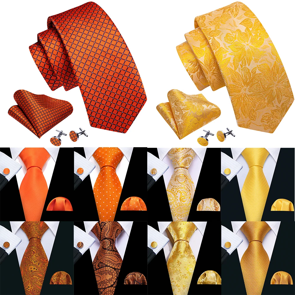 Fashion Orange Yellow Men Tie Luxury Silk Plaid High Quality Pocket Square Cufflinks Sets Groom Wedding Gifts Barry.Wang 6484