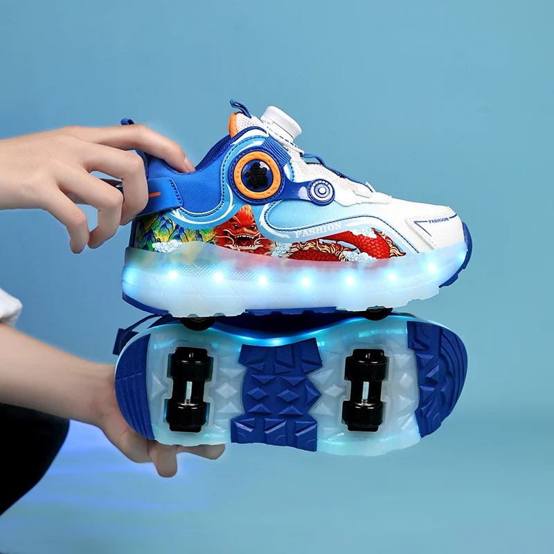 Kinderen Vier Wielen Lichtgevende Gloeiende Sneakers Zwart Roze Led Licht Rolschaats Schoenen Kinderen Led Schoenen Jongens Meisjes USB Opladen
