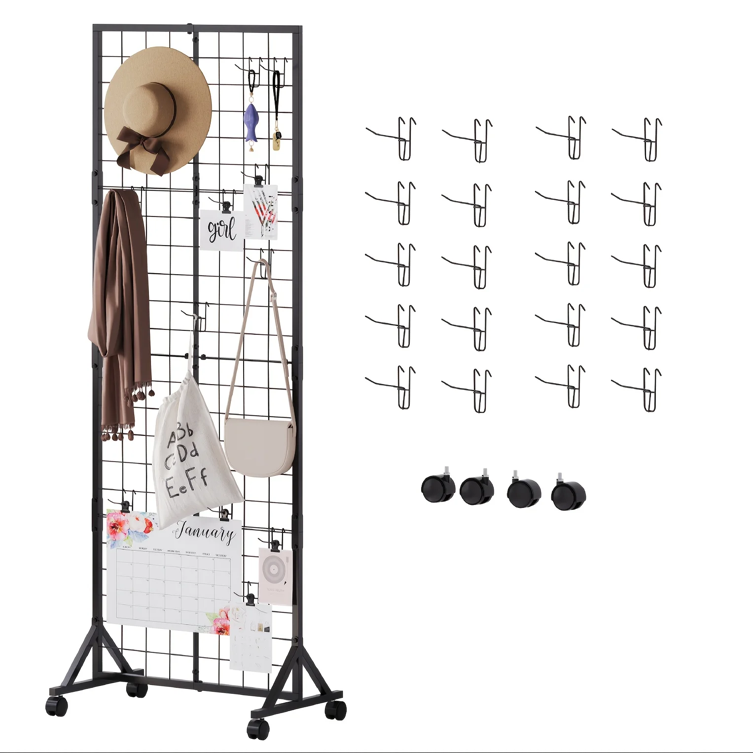 Heavy Duty Iron Grid Wall Display with Extra Hooks-Adjustable Height (27