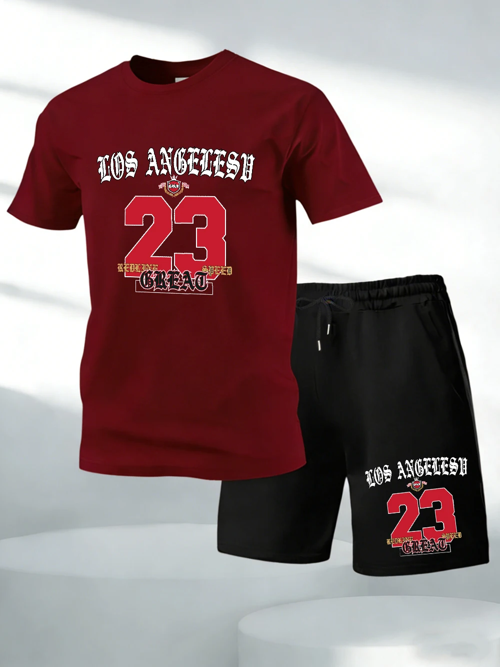 

Two Pieces Set Los Angeles Letter Number 23 Print Cotton Tops Shorts Mens O-Neck Oversize Soft T-Shirt Pocket High Waisted Pants