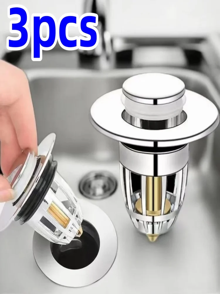 1/3 Stück Universal Pop-up Abflussstopfen mit Filter, Chrom-Waschbeckenfilter, Haarfänger, Badezimmer-Waschbeckenabflussstopper, einfaches Drücken