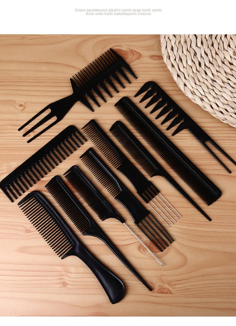 10 Piece Hair Styling Comb Set Black Hairdressing Brush Barbers Anti-Static Barber Shop Supplies Wholesale