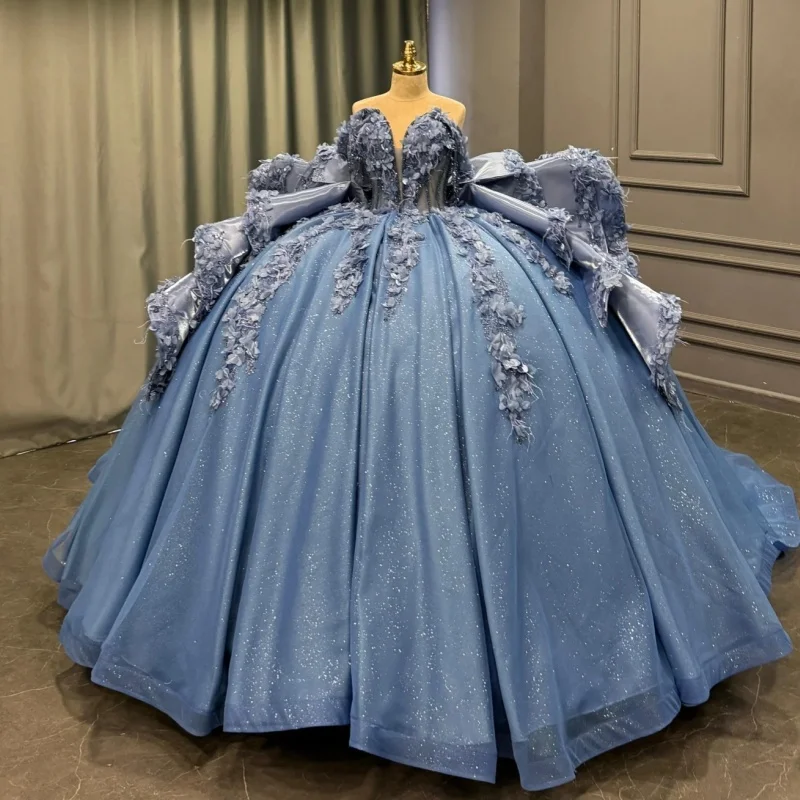

Haze Blue Quinceanera Dresses Glitter Decal layering Ruffle 3D Flower Long tail Volantes Vestido 15 Quinceanera Customize