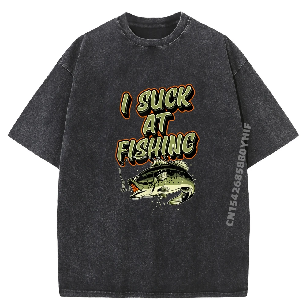 

I Suck At Fishing Funny Large Mouth Bass Fishing Joke Luxury Clothing Tee Shirt Men Vintage Washed Clothes