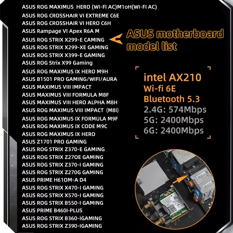 AX210NGW WiFi 6E Tri Band 5.374Gbps Bluetooth 5.3 M.2 Adapter For ASUS B550 X570 Desktop PC Gaming High Gain Antena Win10/11