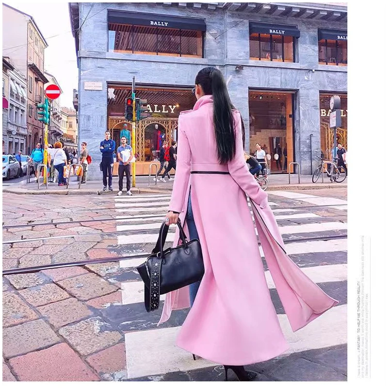 2023 Autumn Winter Women\'s New Long-sleeved Lapel Split Fashionable Temperament Slim Waist Lengthened Pink Jacket Woolen Coat