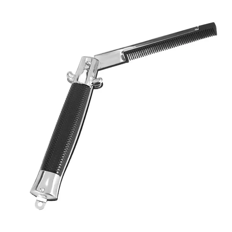 YLS-Stainless Steel Hair Folding Beard Comb Hairstyling Tools Switch Combo Pocket Long Round Handle Hair Comb
