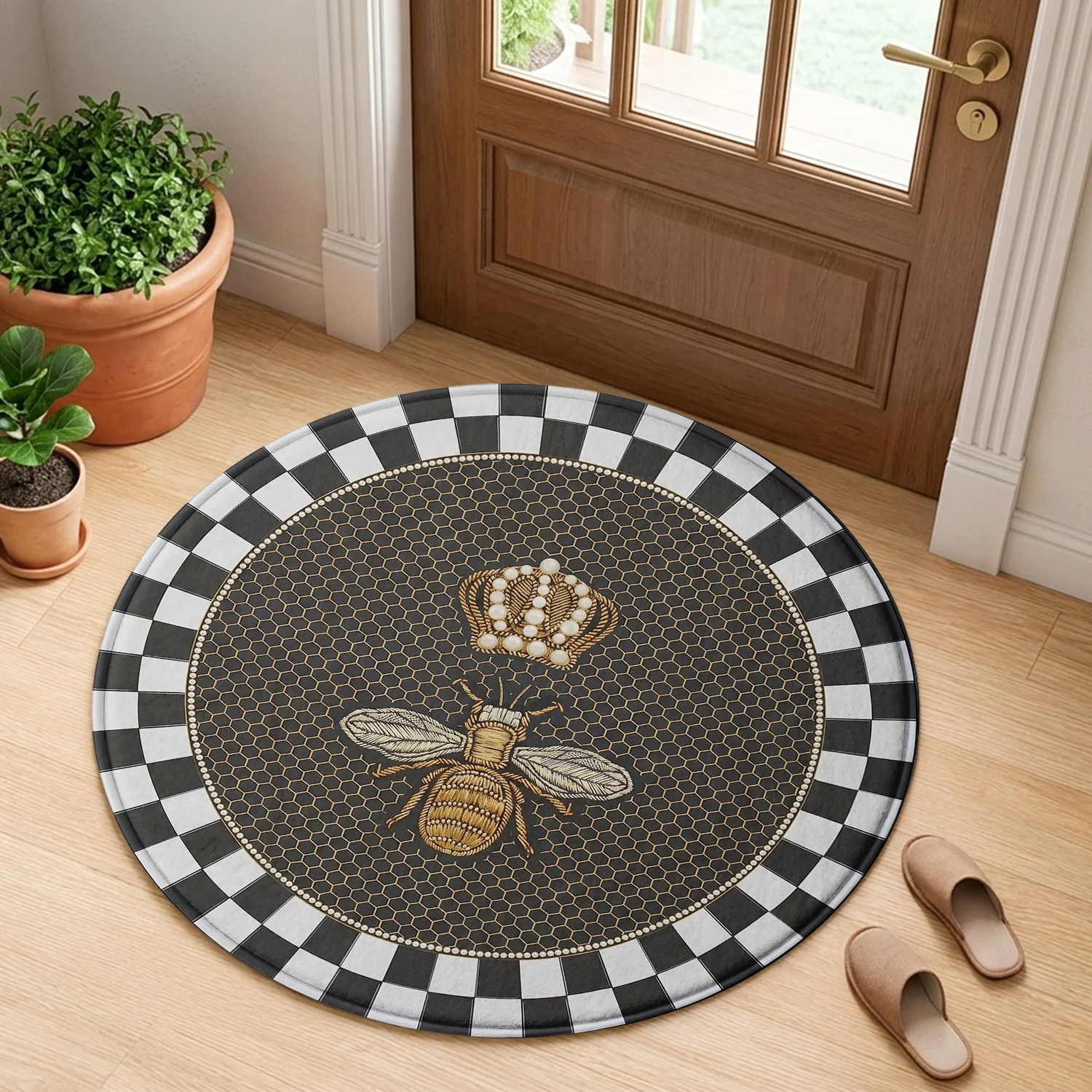Golden Queen Bee Crown Honeycomb Checkerboard Border Pattern Holiday Luxury Round Mat Elegant Area Rug Home Decor
