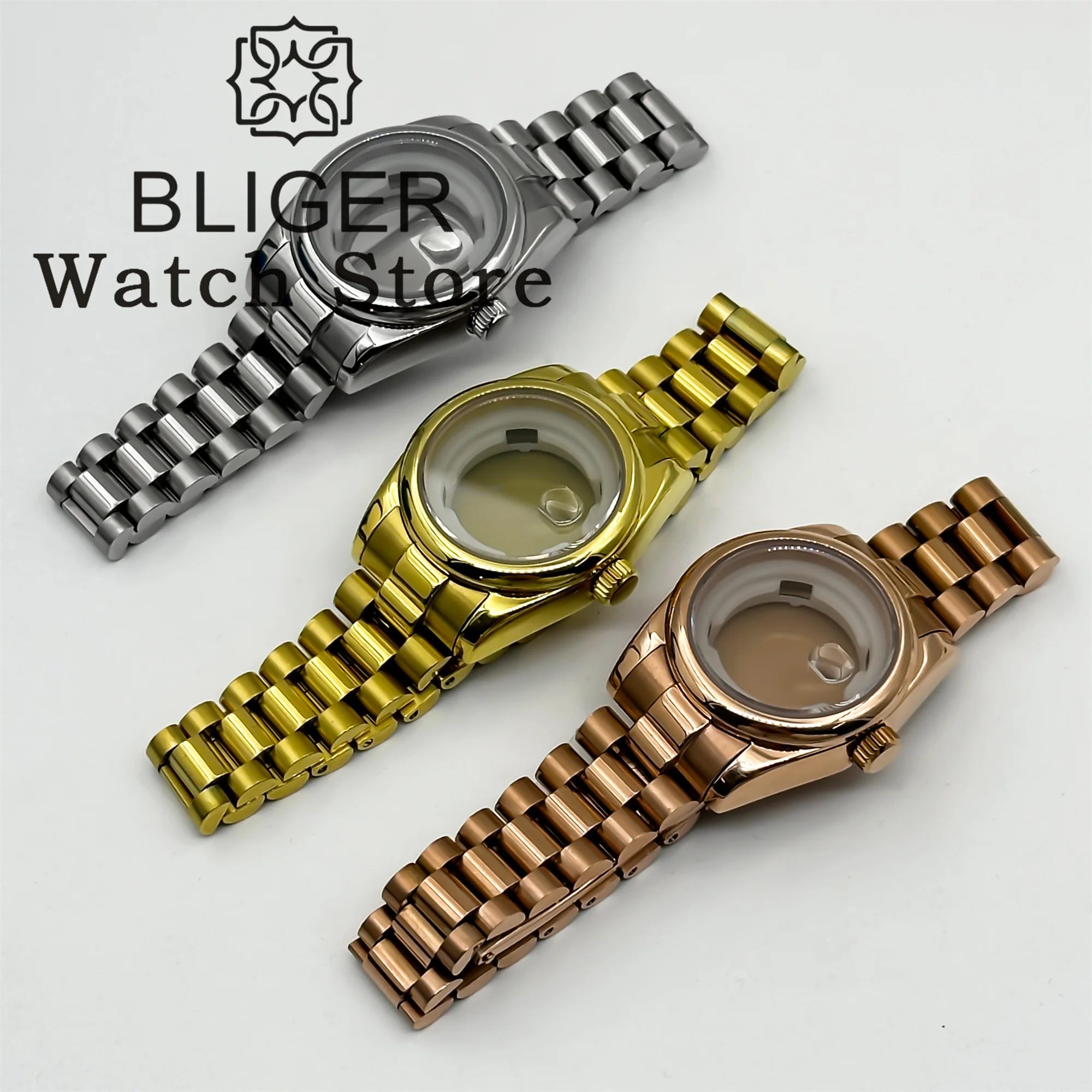 BLIGER 31 مللي متر NH05 ساعة نسائية حافظة سوار رئاسي من الفولاذ المقاوم للصدأ الياقوت الزجاجي إطار دائري يناسب حركة NH05 NH06