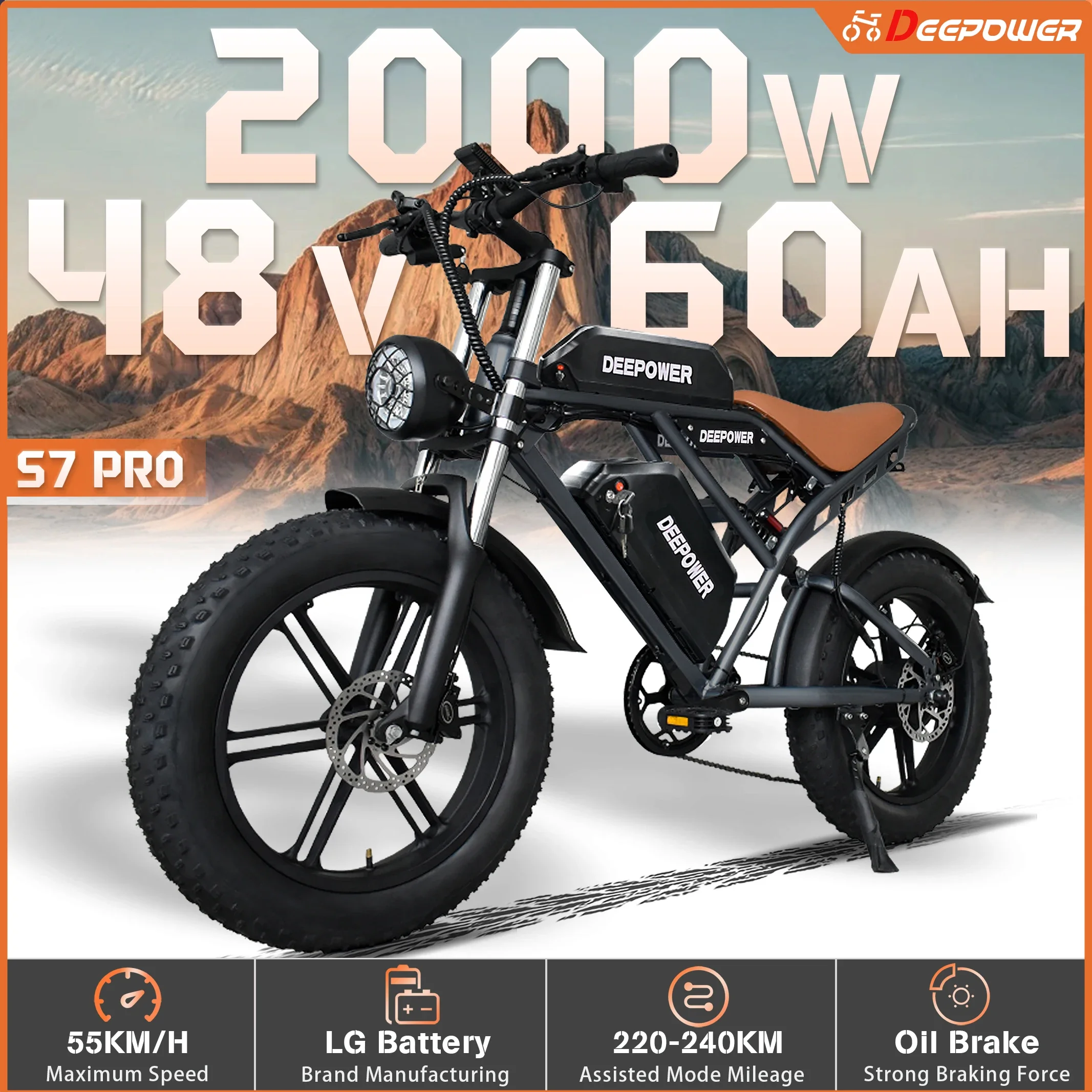 S7PRO Off-Road Electric Bike 2000W 48V 60AH Battery All-Terrain Motorcycle Stylefor Oil Brake Adults Mountain Ebike