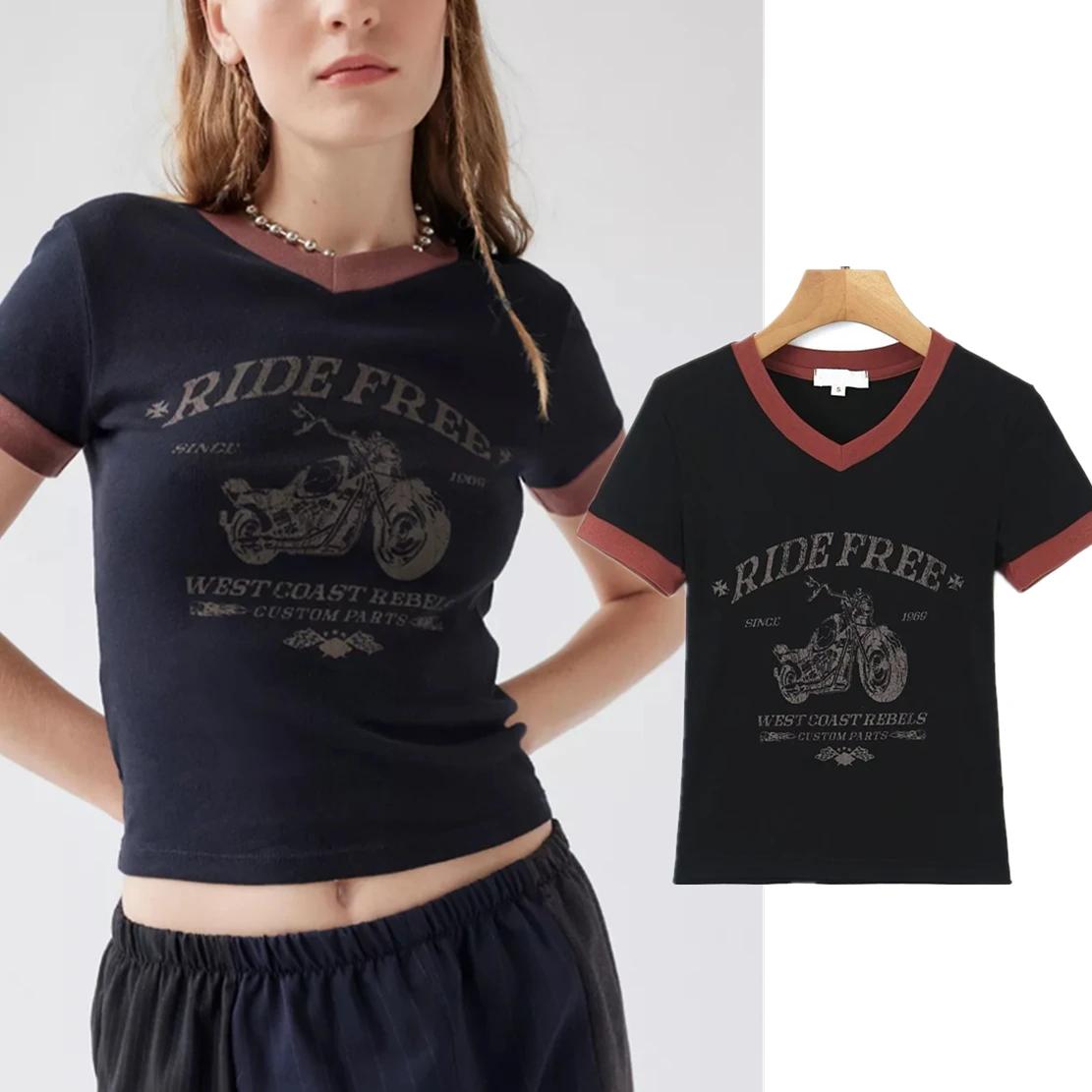 

Maxdutti T-shirt 2023 Summer American Vintage Motorcycle Print ContrastV-neck Crop Tops Women