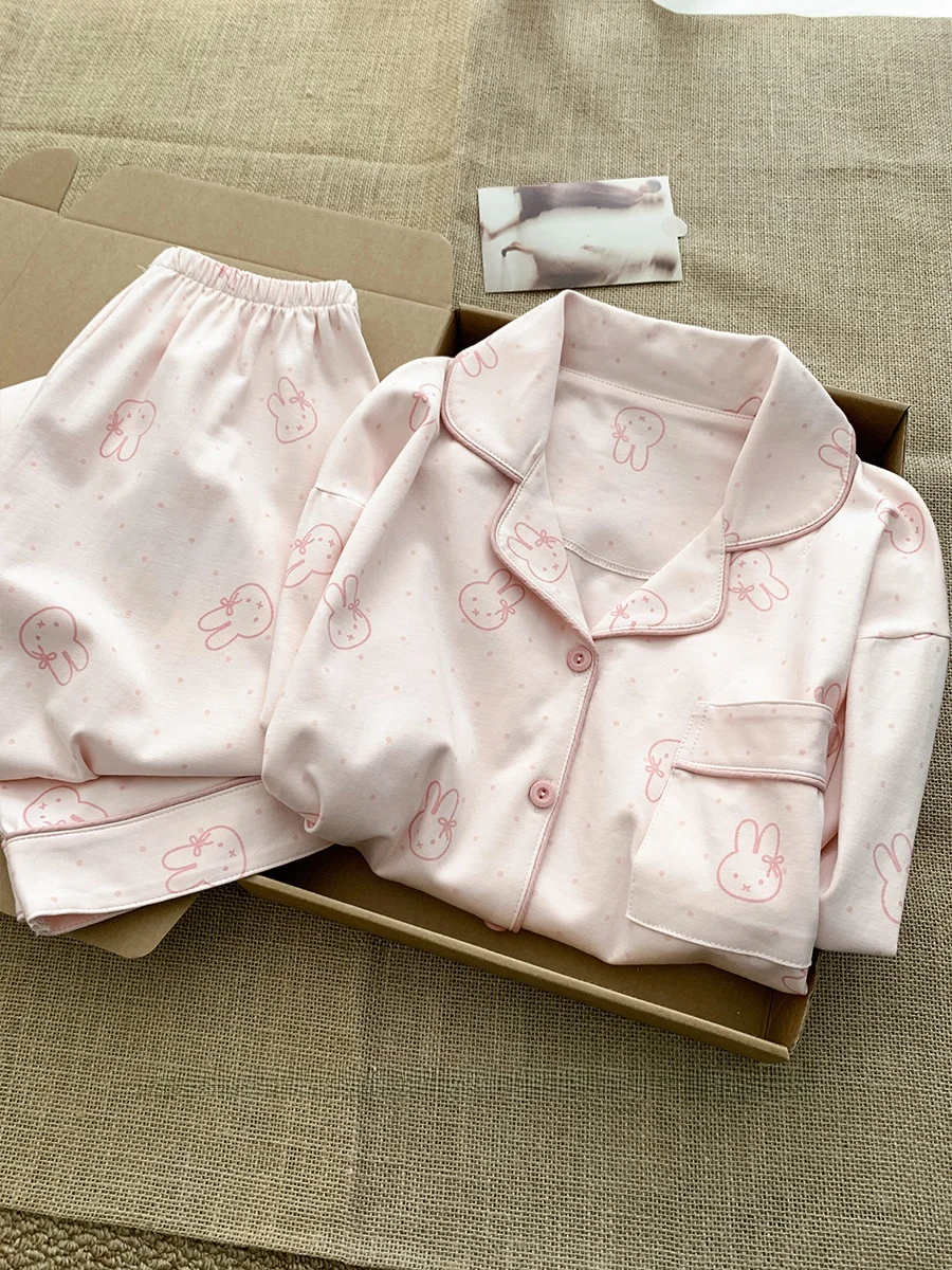 

Sweet Cartoon Rabbit Pure Cotton Spwear Women's Spring Autumn Ultra Soft irt Collar Home Clothes Outdoor Suitable