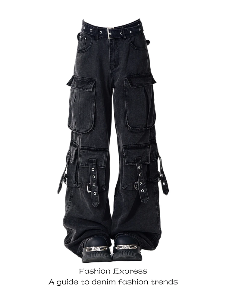 

Loose Wide Leg Bla Denim Workwear Trousers for Women Autumn Winter New Sle High Street Multi ket Floor Length Pants