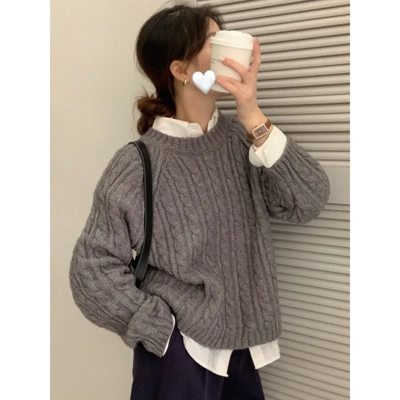 2025 Winter Fashion New Women's Elegant Knitted Round Neck Fried Dough Twists Wool Pullover Loose Warm Thickened Sweater Jumper