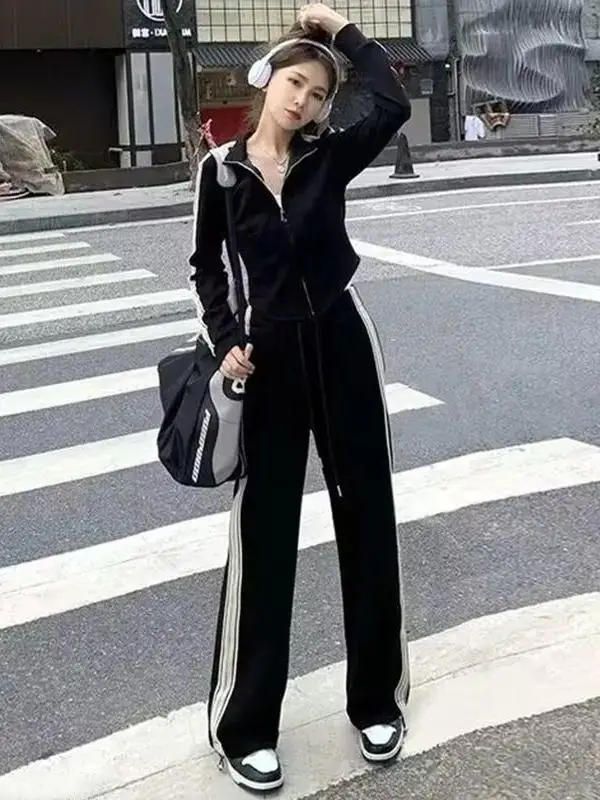 

Cool Casual Sportswear Set Women's Spring Autumn 2026 New Station Black Jacket Wide Leg Pants Two Piece Set Long Sleeve Zipper