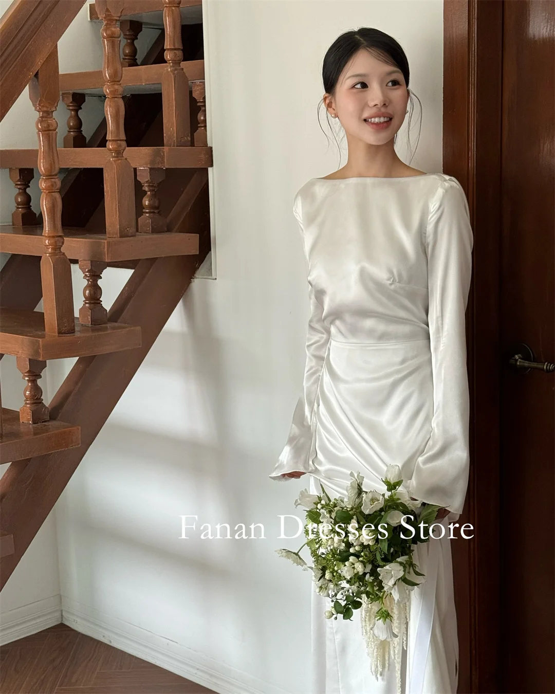 FANAN Boat Neck Korea Sheath Wedding Dresses 웨딩드레스 Silk Satin Ivory Long Sleeves Customized Pretty  Bride Gowns Plus Size