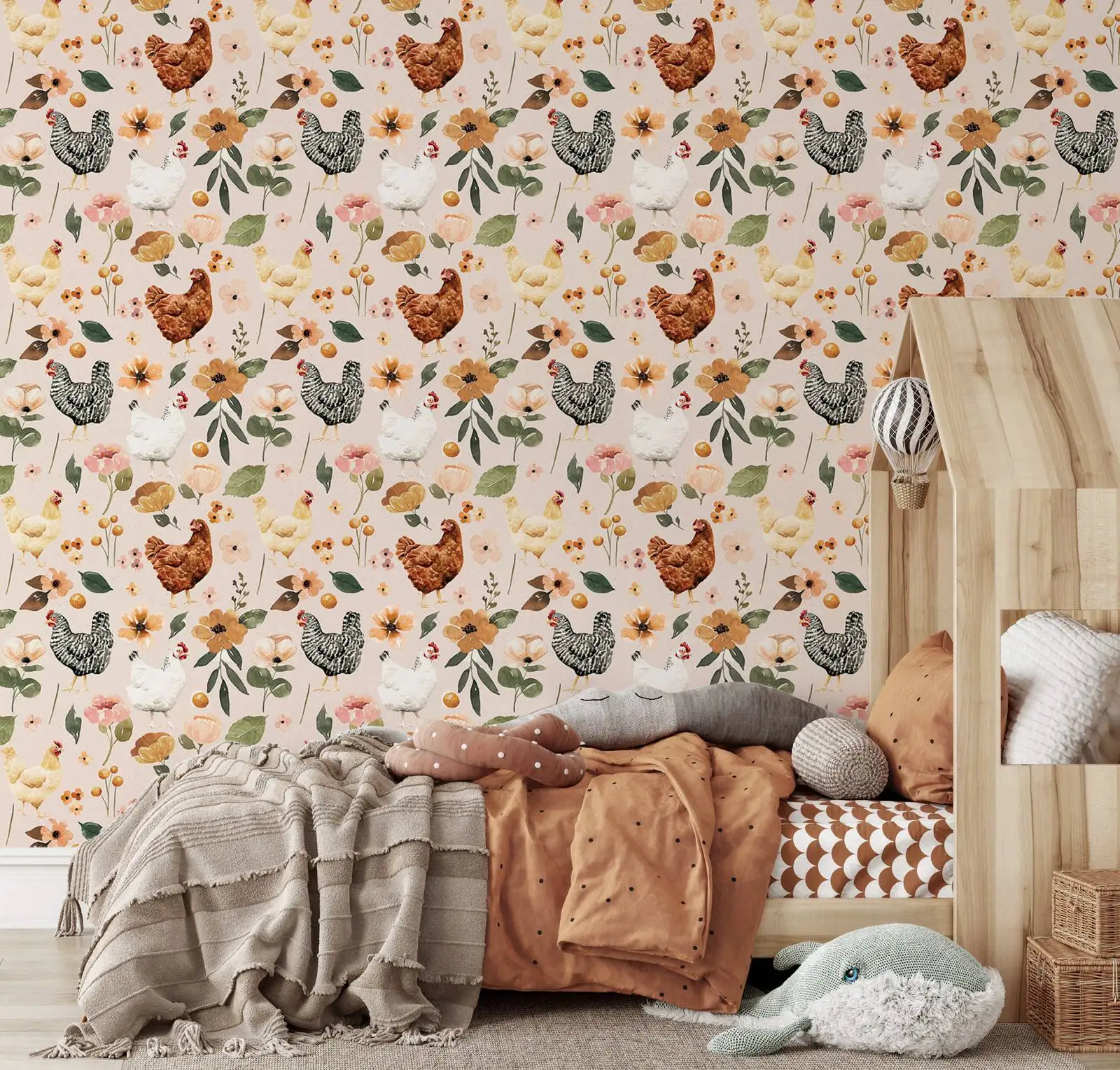 Farmhouse Frango Aquarela Floral Wallpaper, Galinhas pintadas e Galinhas Peel and Stick Wallpaper, Papel de Parede Removível