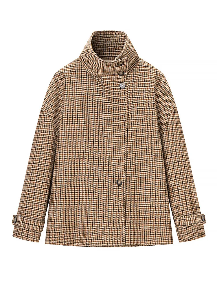 

HH Women's New Fashion Retro Trendy Houndstooth Short Jacket Female Loose Casual High Street Stand Collar Long Sleeve Outwear