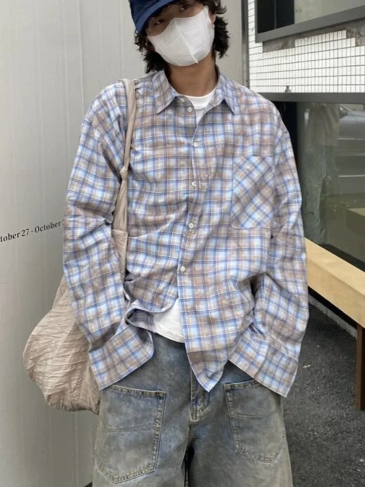 American Color Blocked Plaid Shirt Men's Turn Down Collar Long Sleeve Casual Single Breasted Shirts 2026 Spring New 29PUU