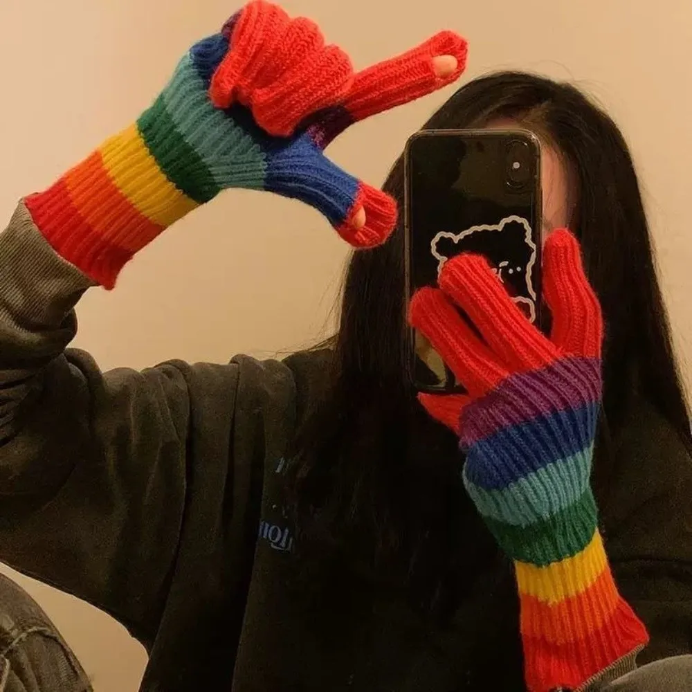Fashionable Rainbow Open Finger Gloves Warm Thickened Women's Gloves Windproof Touch Screen gloves Girl