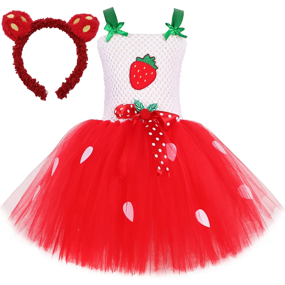 Girls Strawberry Tutu Dress Red Princess Dress with Headband Christmas New Year Gift Set Girls Casual Dresses