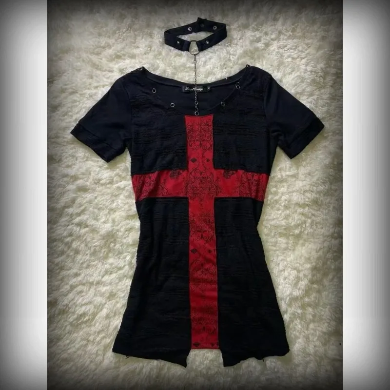 American Gothic Dark Cross Print Short Sleeve T-shirt Women Y2K Retro Punk Millennial Hot Girl Slim Harajuku Street Casual Top