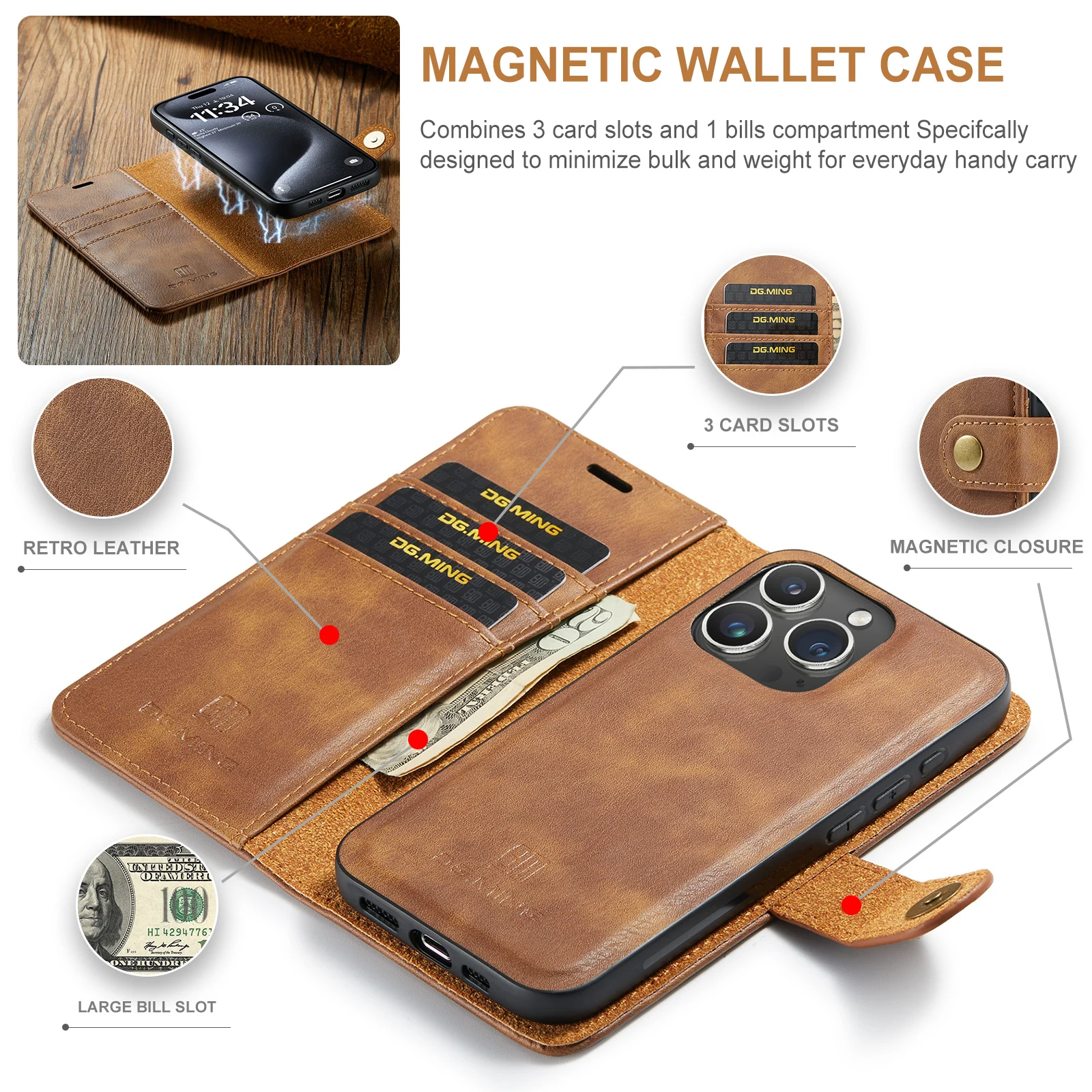 DG.Ming For iPhone 11 12 13 14 15 16 Pro Max Plus Mini Luxury 2-Folding Wallet Case Detachable Leather Magnetic Flip Cover Case