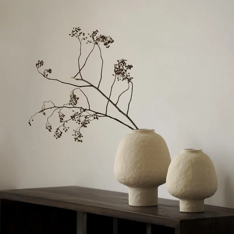 Juego de Jarrones de Cerámica Texturizada Beige, Jarrones Redondos Minimalistas para Flores, Decoración Boho Neutral para Sala de Estar