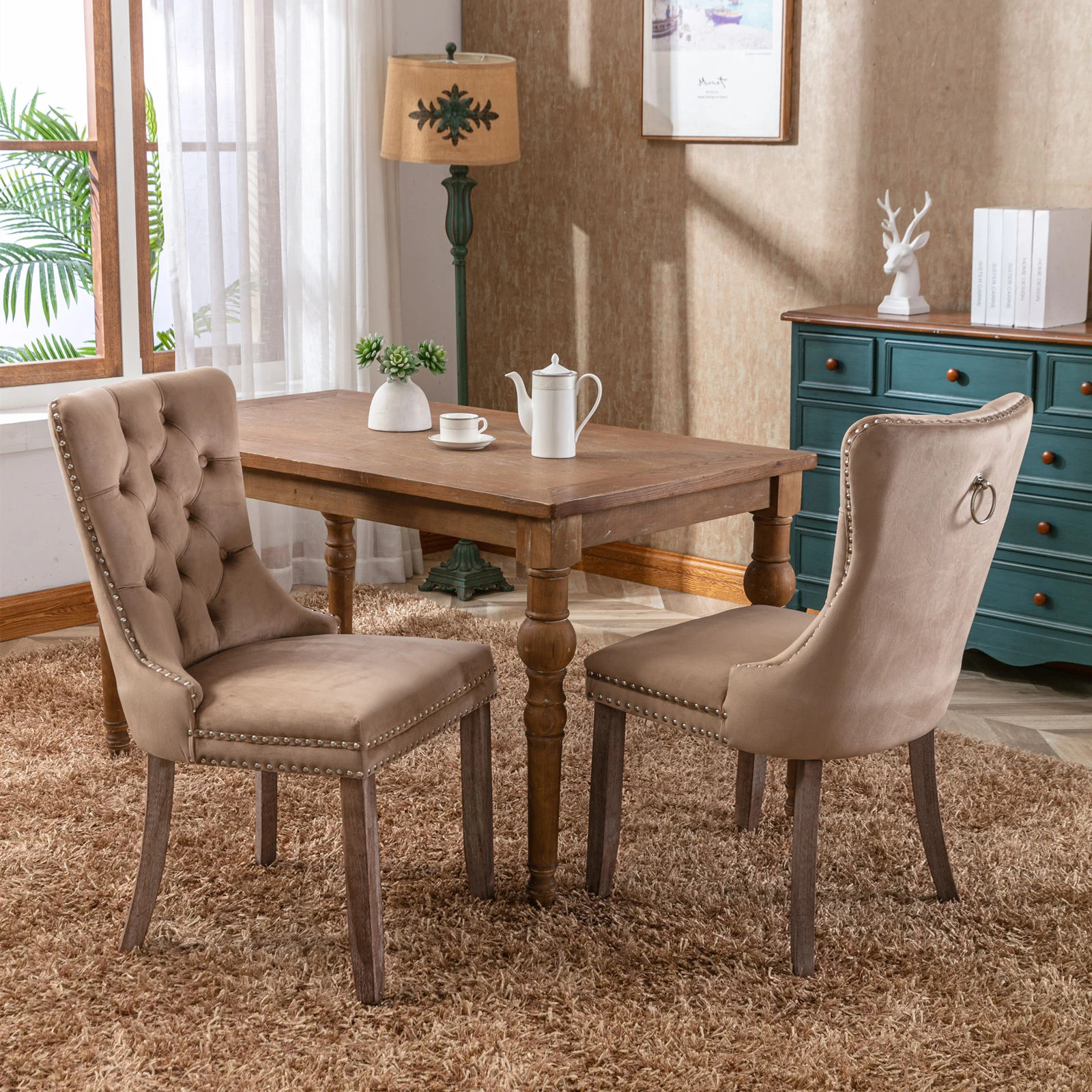 

2-Piece Khaki Velvet Dining Chairs with Nailhead Trim, Tufted Back & Solid Wood Legs