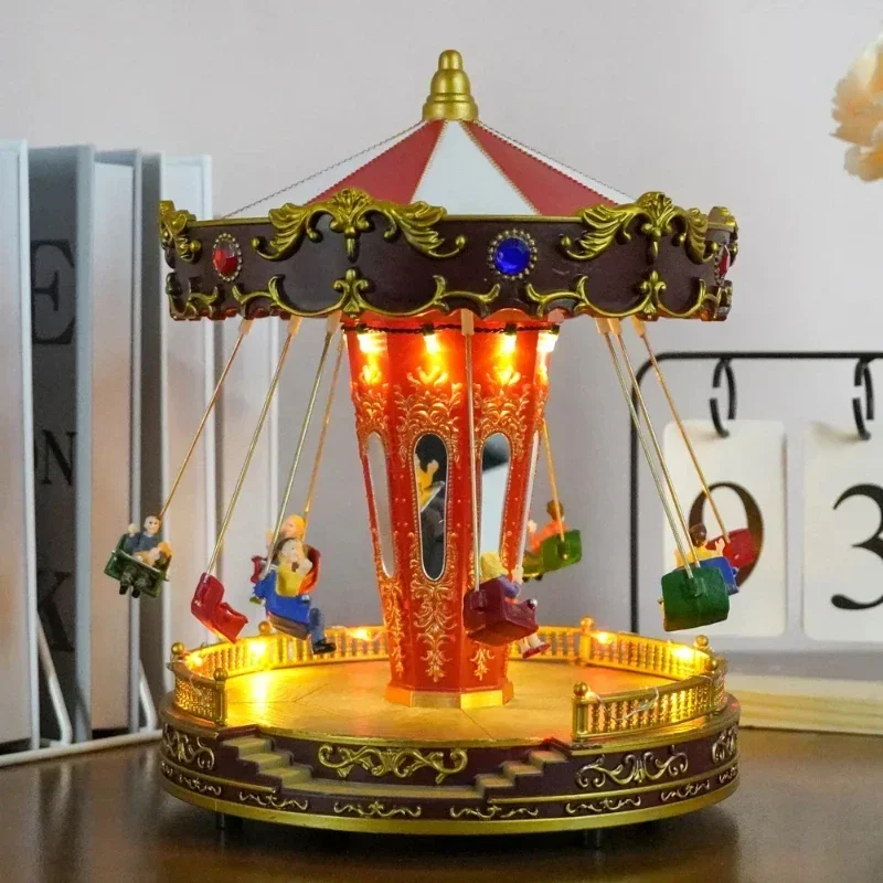 Fun LED Light Sound Christmas Rotating Swing Flying Chair Carousel Music Box Creative Ornament Birthday Amusement Park Gift Toy