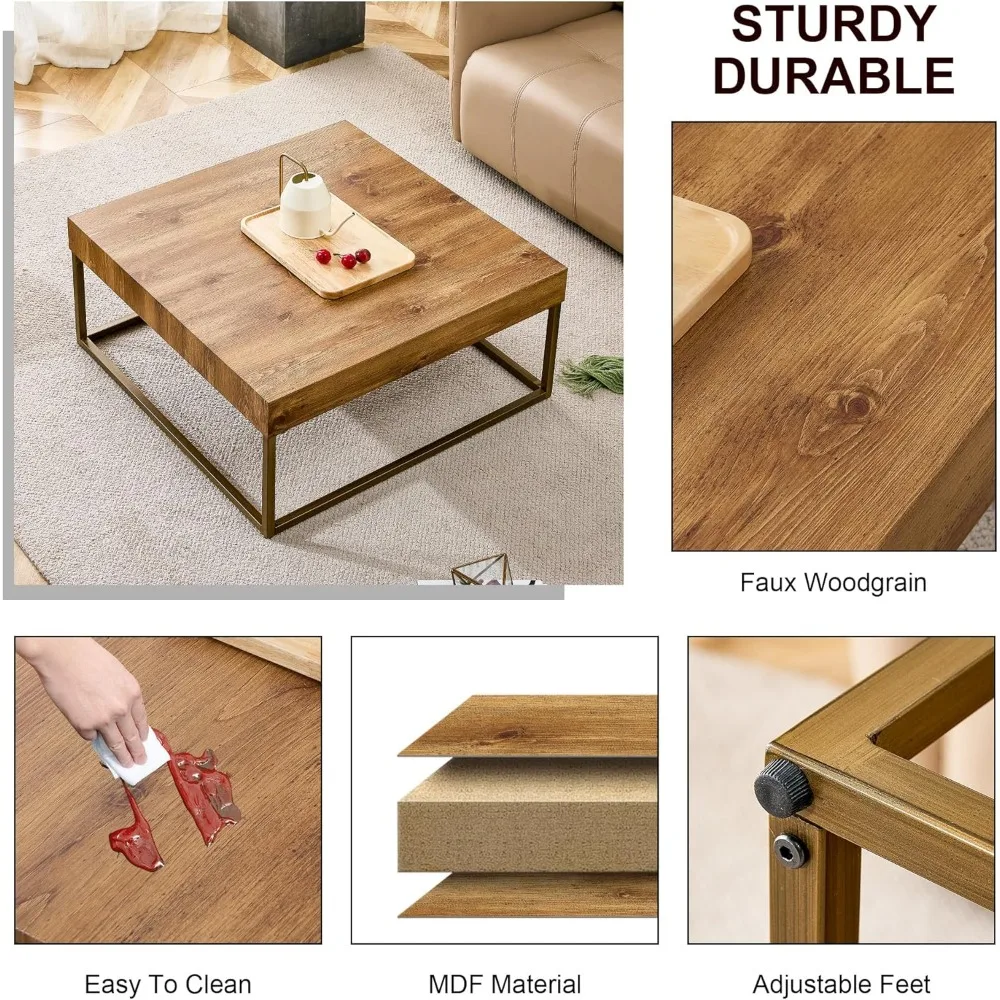 Modern 31.5 Square Coffee Table with Metal Legs and Wooden Top for Living Room and Dining Area