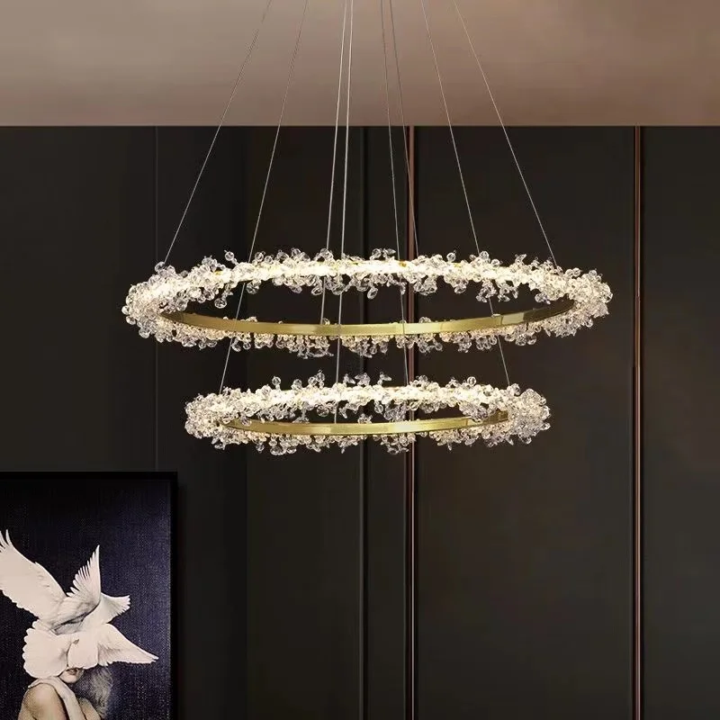 Luksusowa kryształowa lampa wisząca złoty pierścionek LED oświetlenie do salonu jadalni lekki designerski ściemnialny okrągły crystal light