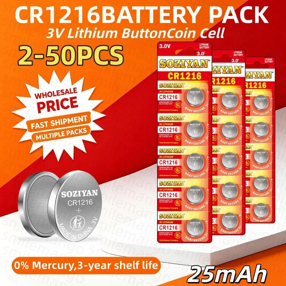 2-50PCS Button Cell Batteries CR1216 DL1216 BR1216 LM1216 ECR1216 3V Lithium Battery Coin Cells For Watch Car Toys Key