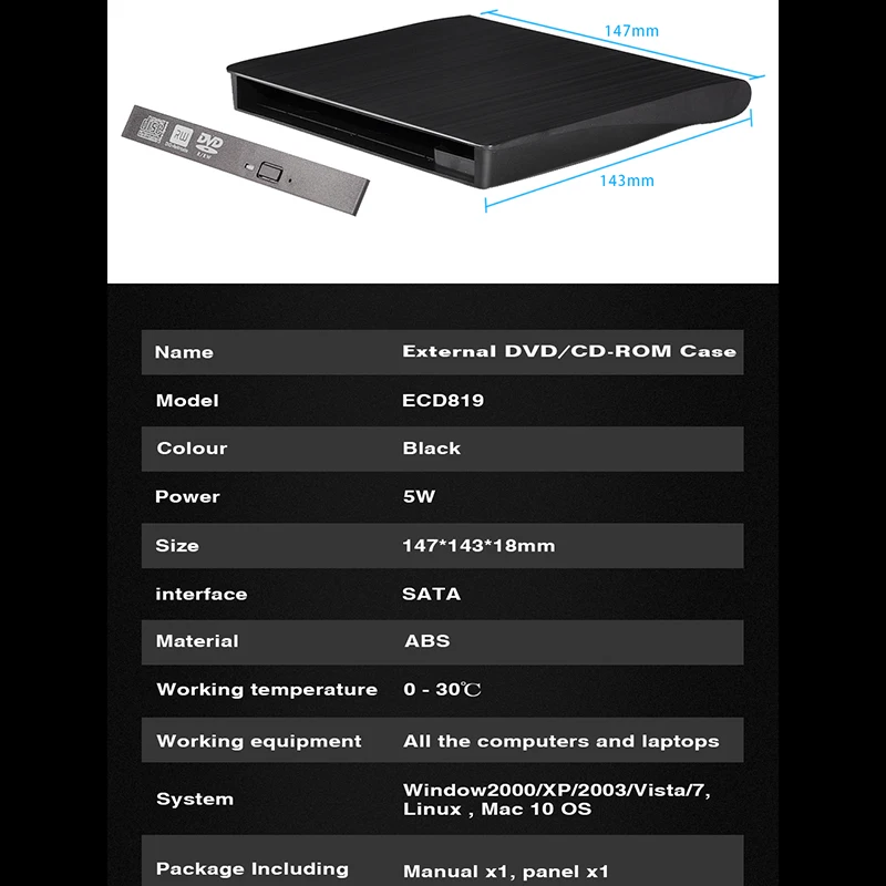 New-USB3.0 SATA External DVD Enclosure Hard Plastic Case For Laptop Notebook 12.7Mm CD-ROM Case Without Optical Drive