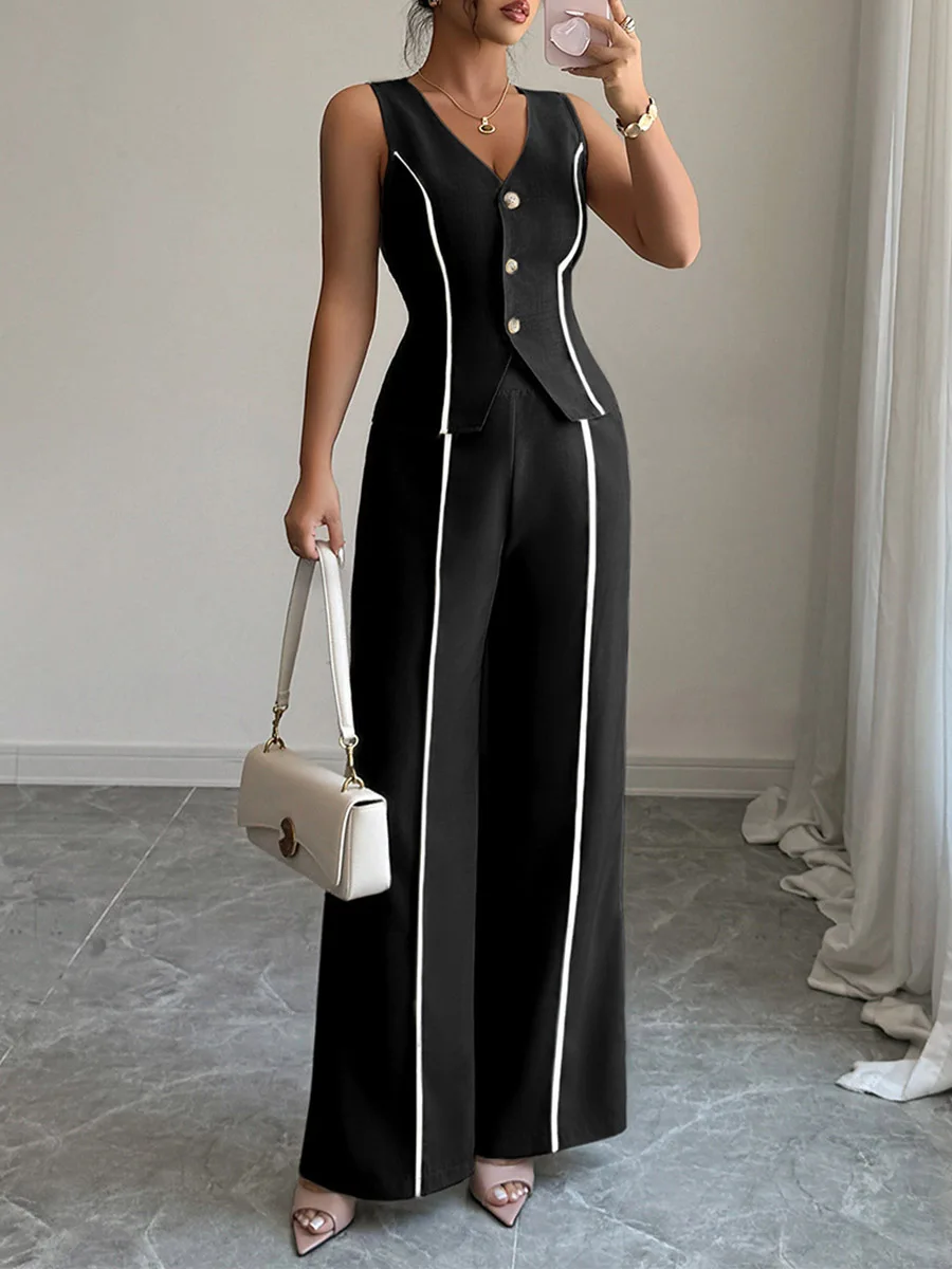 

2026 Women Black Contrast Two Piece Set Women's Matching Sets Sleeveless V Neck Vest High Waist Wide Leg Pants Formal Office