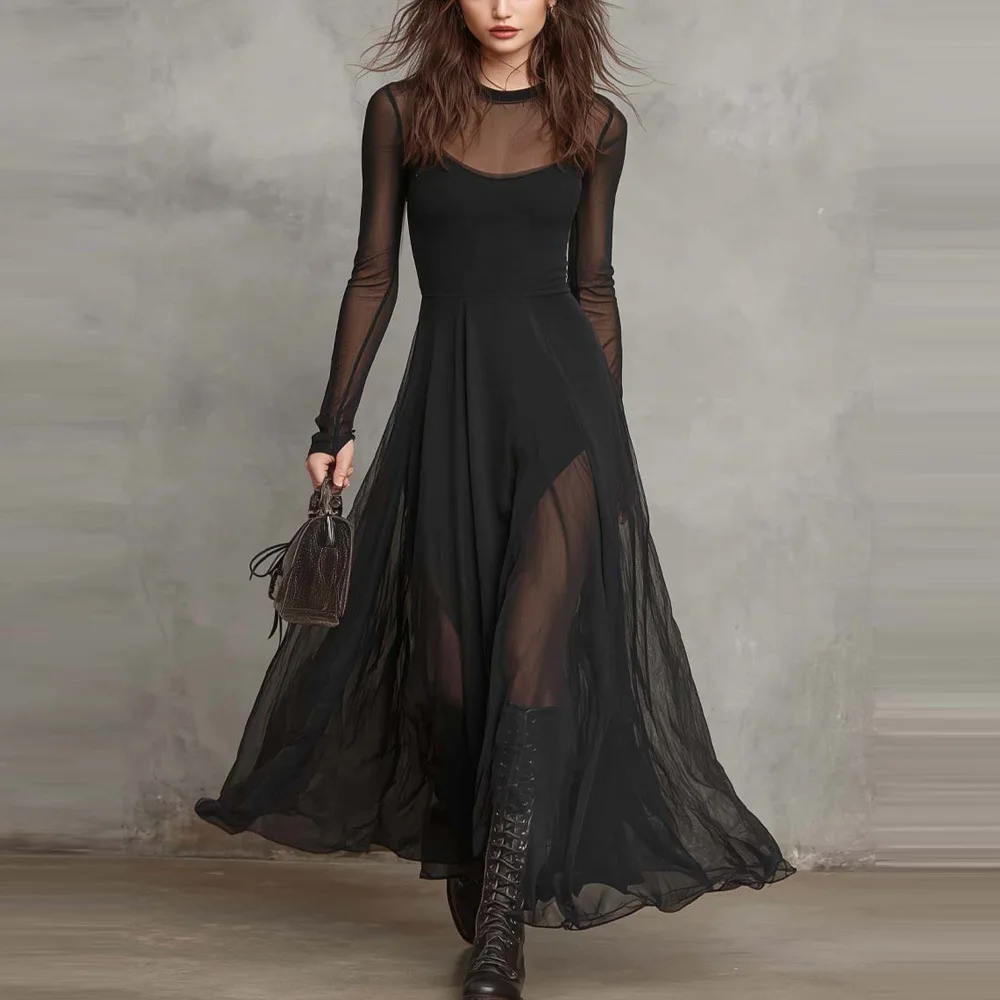 Damen-Maxikleid mit langen Ärmeln aus Netzstoff, durchsichtig, A-Linie, fließend, Gothic, elegant, für Abendpartys, schmal geschnitten, schwarzes langes Kleid – Detail 3