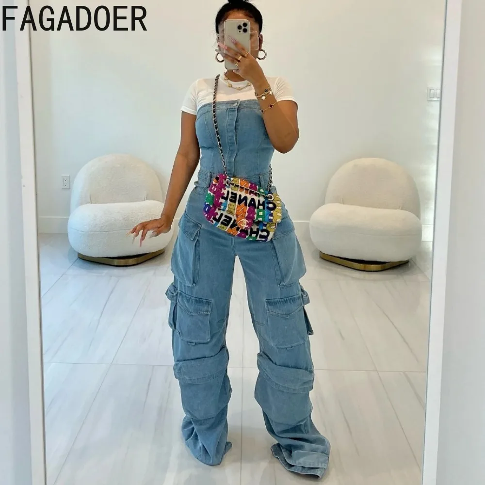 FAGADOER Fashion Denim Splicing Loose Cargo Pants Jumpsuits Women Round Neck Short Sleeve Sporty Playsuits Female Cowboy Overall