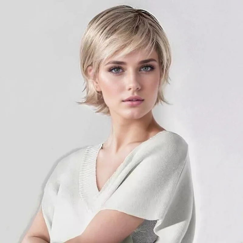 curly , gradient gold women's short hair, side-swept bangs with upturned ends wig