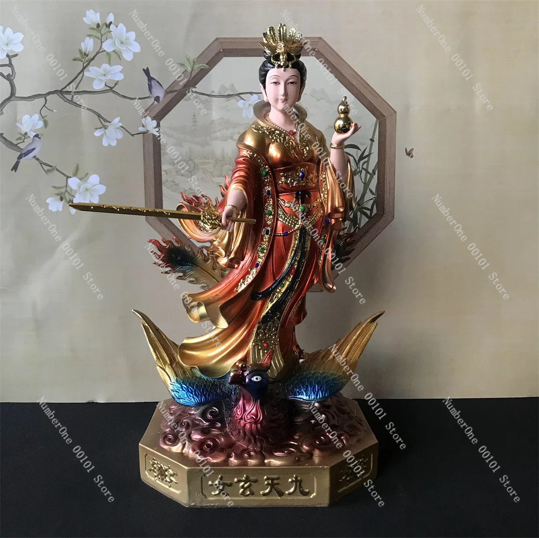 Resin painted nine-day goddess statue, stepping on phoenix, nine-day holy mother, xuanmu living room bring in wealth and treasur
