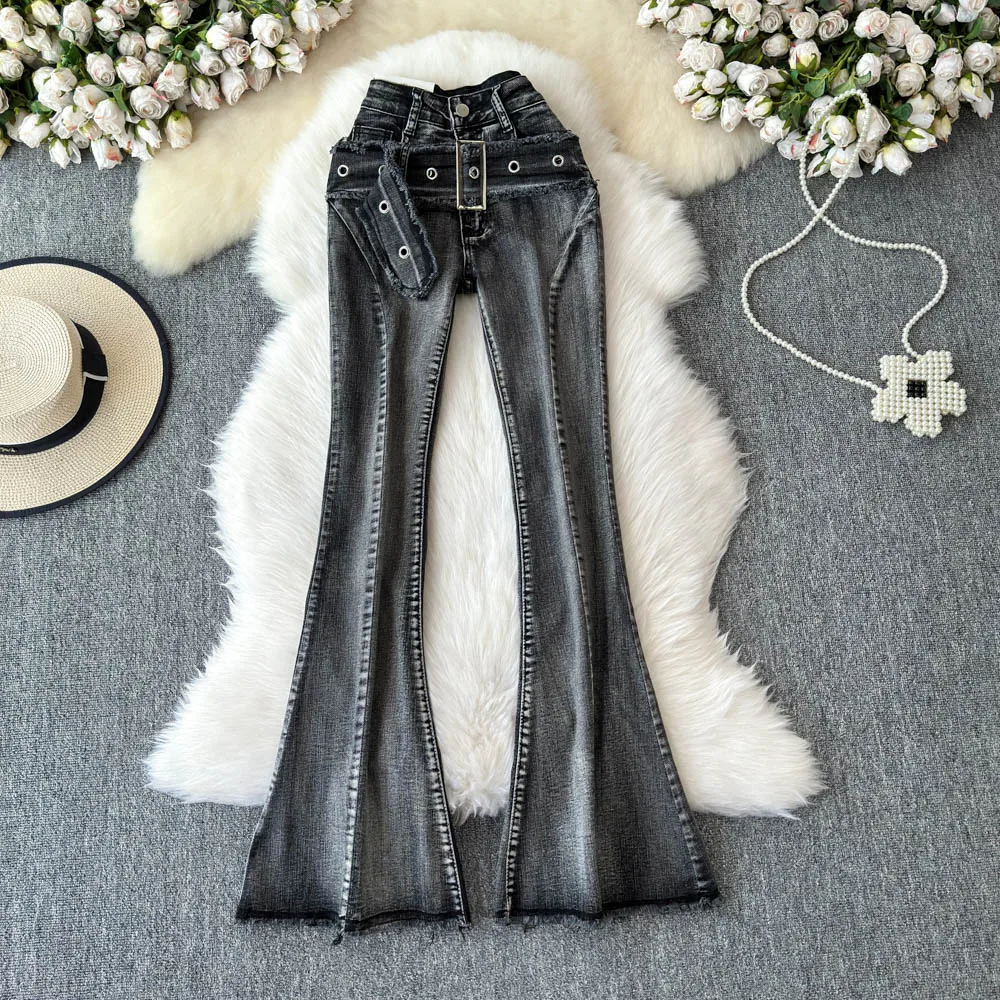 

Grey Blue Gradient Micro Pull Jeans With Belt Women's Autumn Winter New Slim Fit Design High Waist Slimming Retro Denim Pants