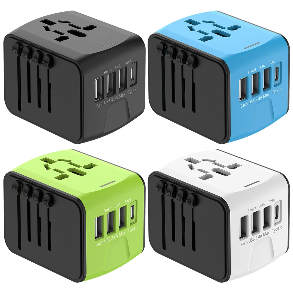Portable Power Adapter Charger All-in-One Worldwide Wall Charger 3 USB and 1 Type C Ports for for USA EU UK AU Cell Phone Laptop