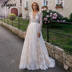 Spitze Langarm Brautkleid Braut Licht Champagner Strand Brautkleid für Frauen fegen Zug a-Linie böhmischen Vestido Novia