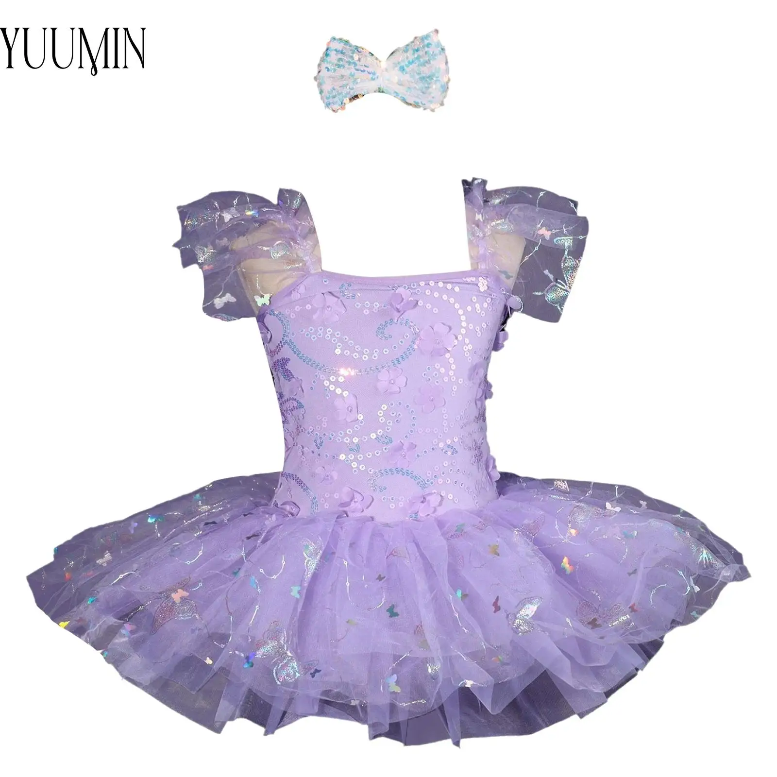 Girls Ballet Gymnastics Dress Sparkly Butterfly Sequin Bodice Ruffle Flower Bow Cuffs Stretchy Breathable Lightweight for Dance
