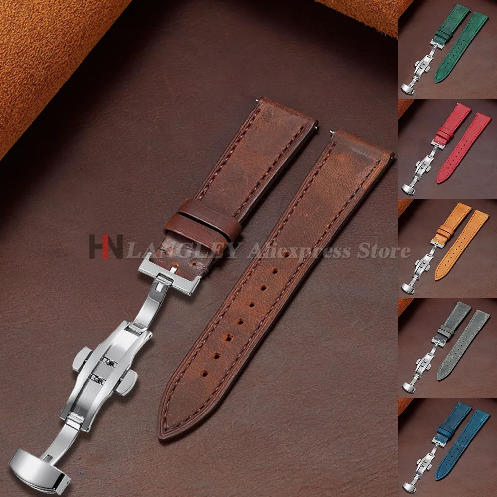 Vintage Cowhide Leather Watch Band Butterfly Buckle Stitching Straps for Omega for Wrist Bracelet for Seiko 18/19/20/21/22/24mm