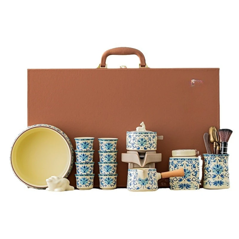 

Ru kiln automatic tea set Chinese lazy tea making artifact household stone grinding rotating kung fu tea set gift box packaging