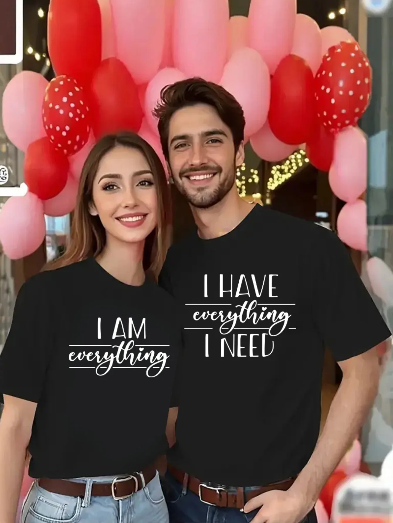 

1 He and Her Matching Couple T-Shirt - "I Have Everything I Need" Printed Sleeve Collar T-Shirt, Bright Red Casual
